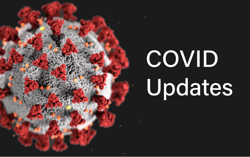 virus molecule and text: COVID updates