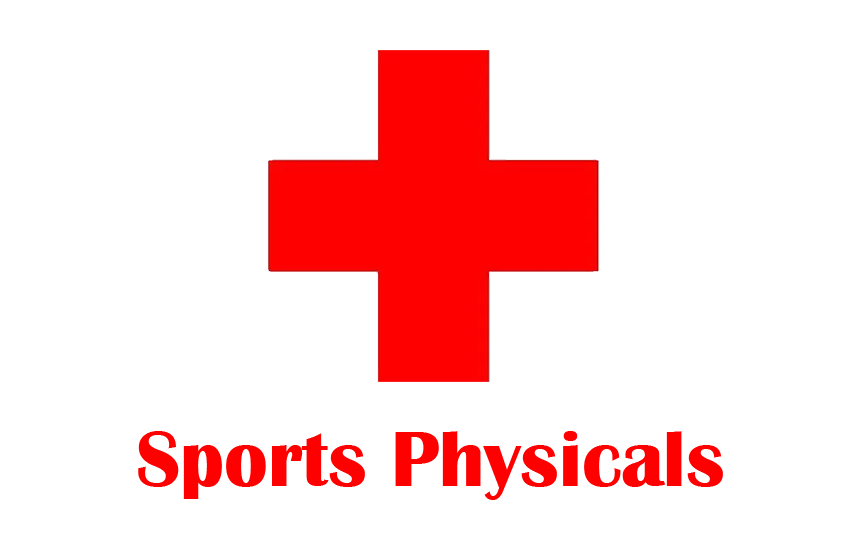 Red cross and text: sports physicals