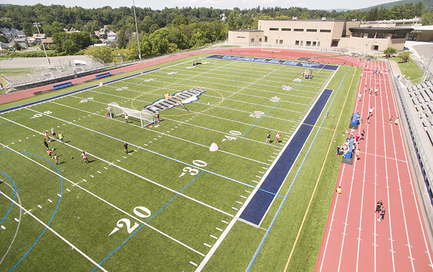 aerial view of football field and track