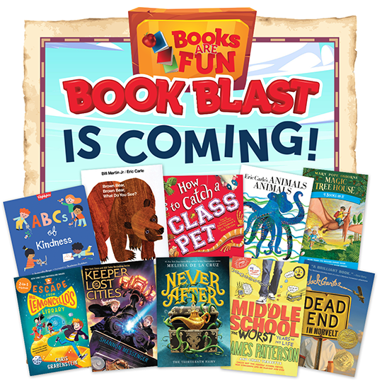 graphic of books, text saying book blast is coming