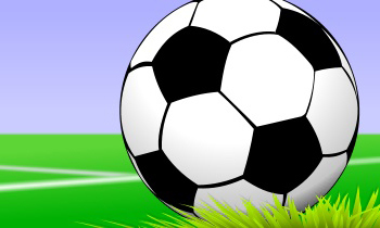 soccer ball graphic, tuft of grass, lined field in background