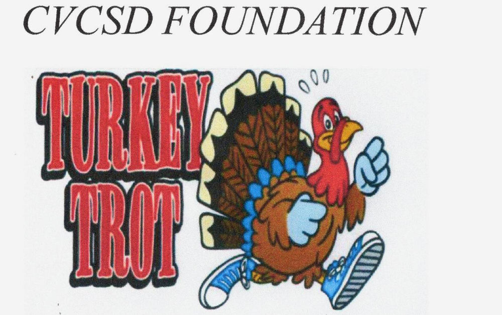 graphic turkey in sneakers, text turkey trot CVCSD Foundation