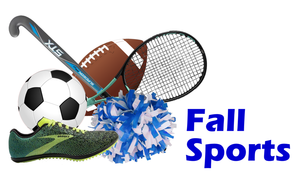 graphic includes running shoe, soccer ball, football, field hockey stick, tennis racket, pompon and words 'fall sports"