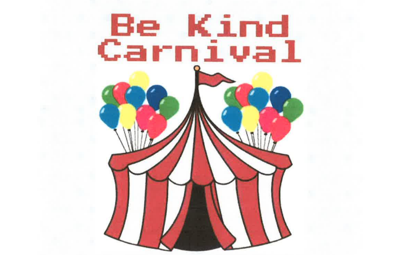 circus tent graphic, balloons, text be kind carnival