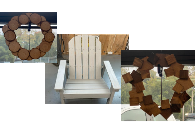 two wodden wreaths and adisrondack chair