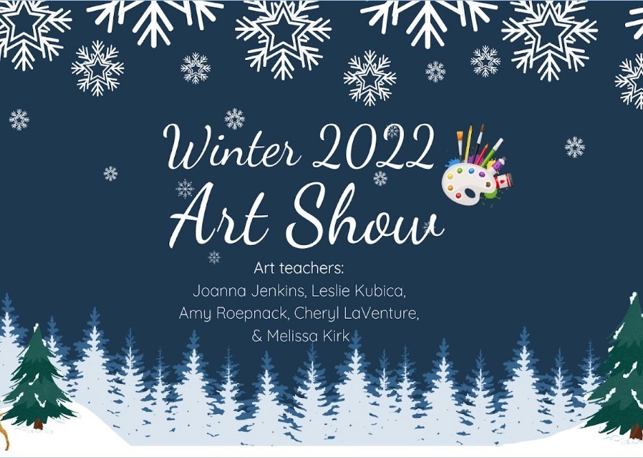 Winter graphic pine trees, snowflakes, deer and paint palette with paint brushes