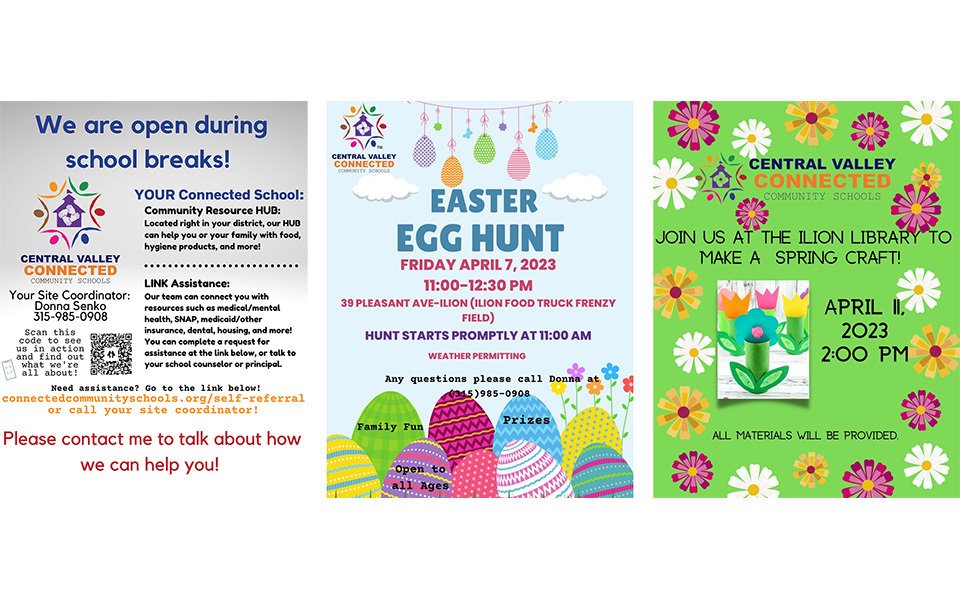 Three posters about open on school breaks, easter egg hunt, spring craft evet
