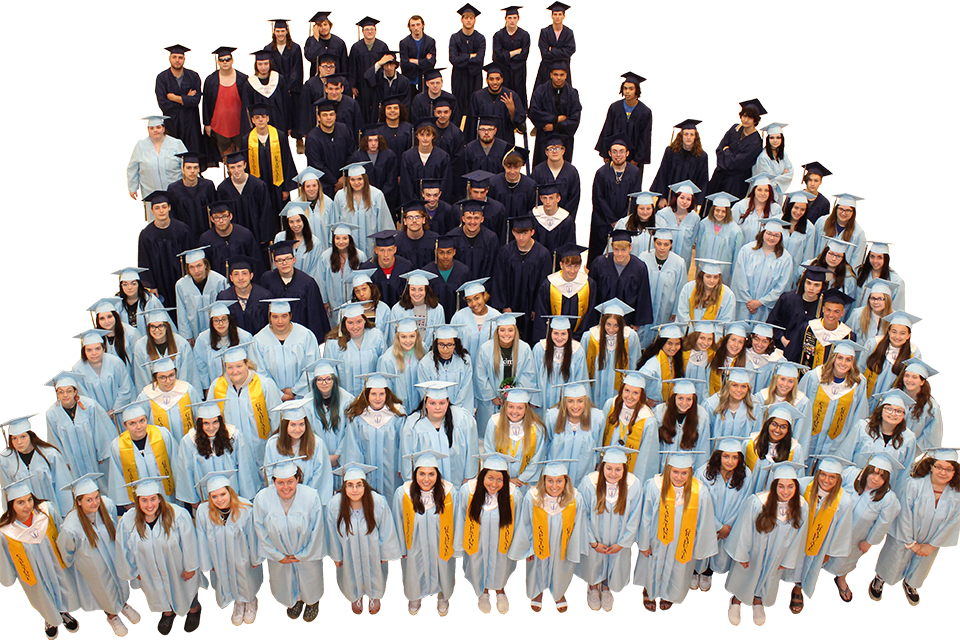 130 students in cap and gown