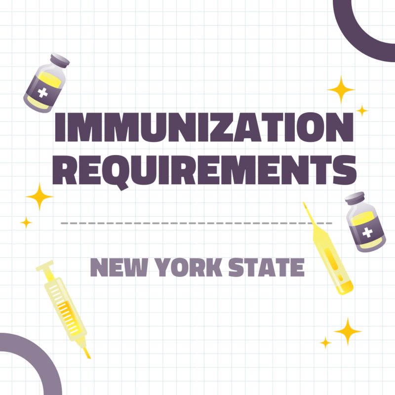 graphics include syringes, medicine vials, and stars with text reading immunization requirements new york state