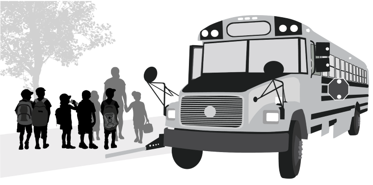 school bus graphic and student silhouettes