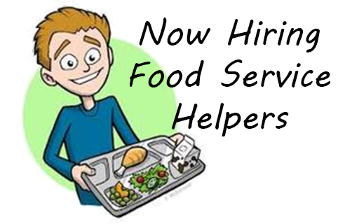clip art of student holding lunch tray with text Now Hiring Food Service Helpers