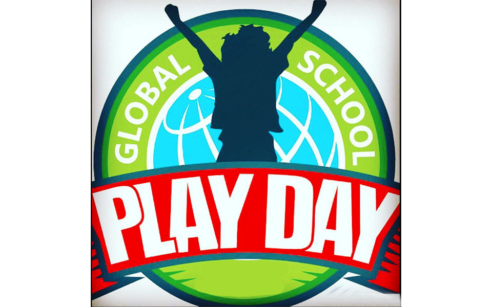 Silhouette of student with arms raised, text global school play day