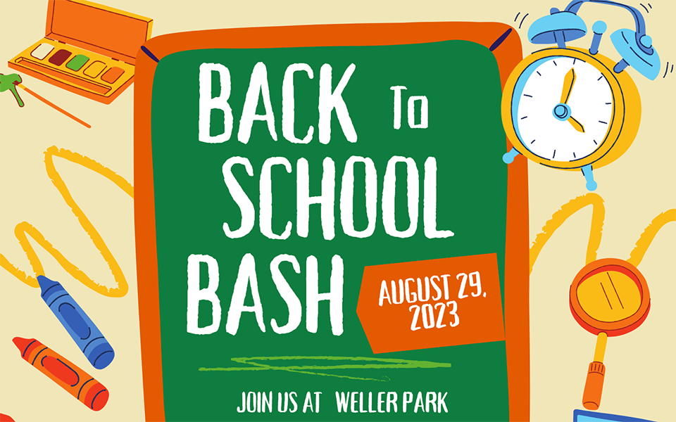 graphics crayons paints, alarm clock, magnifying glass and text Back to school back, August 29 2023, join us at Weller Park