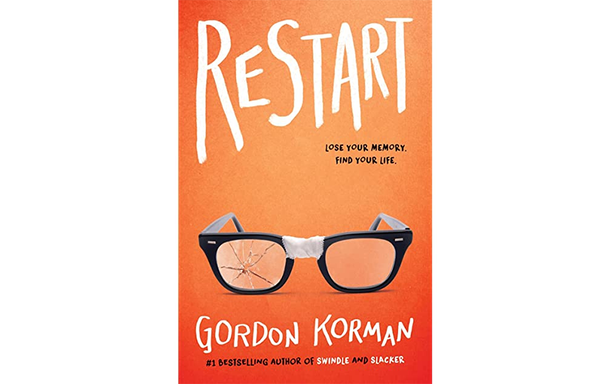 book cover plain background broken glasses. Text Restart, Gordon Korman