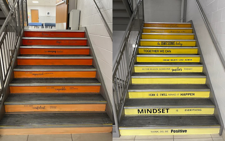 two sets of stairs, one painted orange, one painted yellow, words printed on the risers