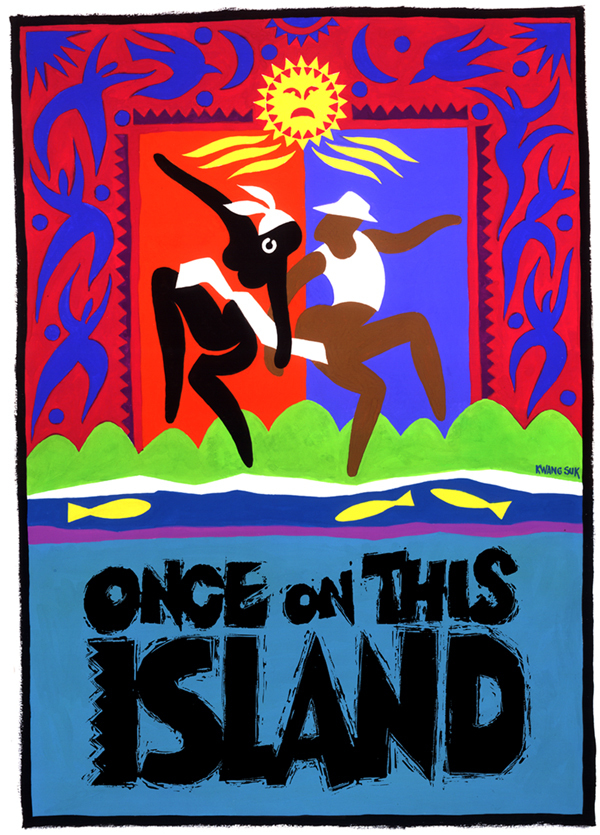 Once on this island poster. graphics of two people dancing, water, fish