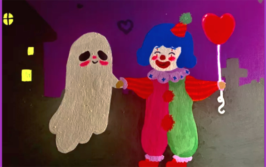 painting of ghost and  child dressed as clown