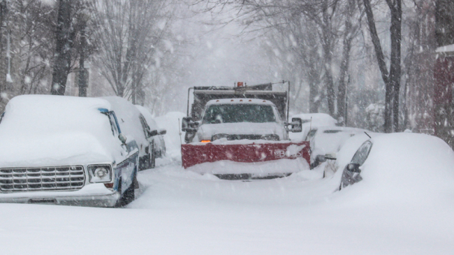 snowy street, cars, pick up with snowplow