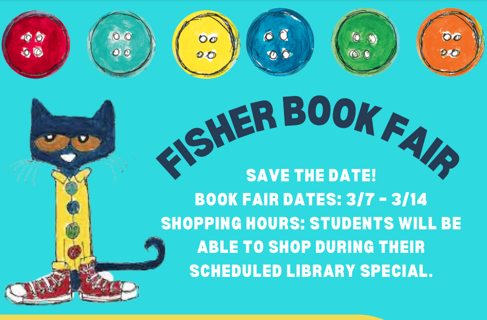 book fair graphic, buttons, cat in sneakers