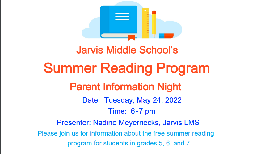 Book graphic and text summer reading program info