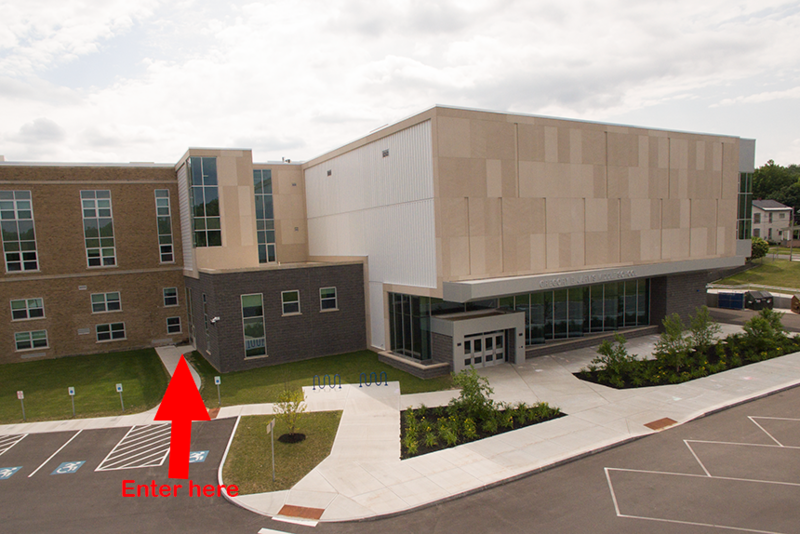 back of Jarvis building with arrow pointing to entrance