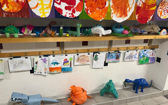 student dinosaur drawings, paintings, 3-D dinosaurs