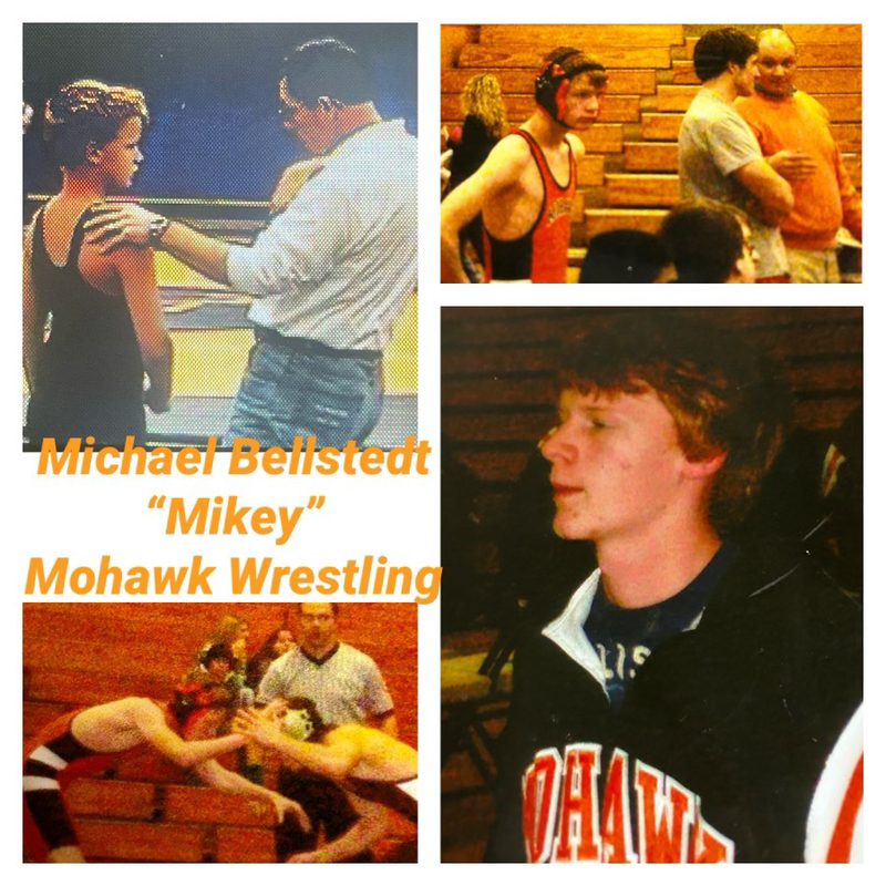 collage of 4 photos of young man wrestling coaches, referee