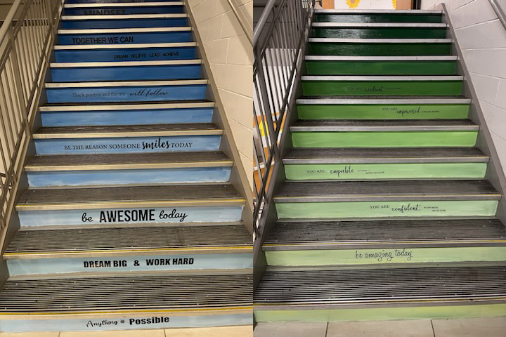 two sets of stairs, one painted blue,one painted green, words printed on the risers