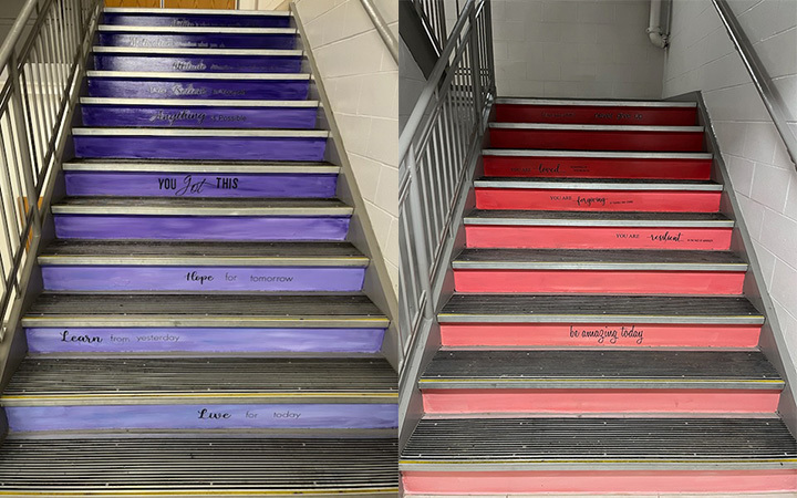 two sets of stairs, one painted purple, one painted red, words printed on the risers